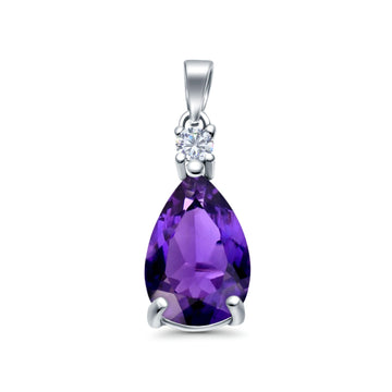 Pear Shape Simulated Amethyst CZ 925 Sterling Silver Charm Pendant (21.5mm)